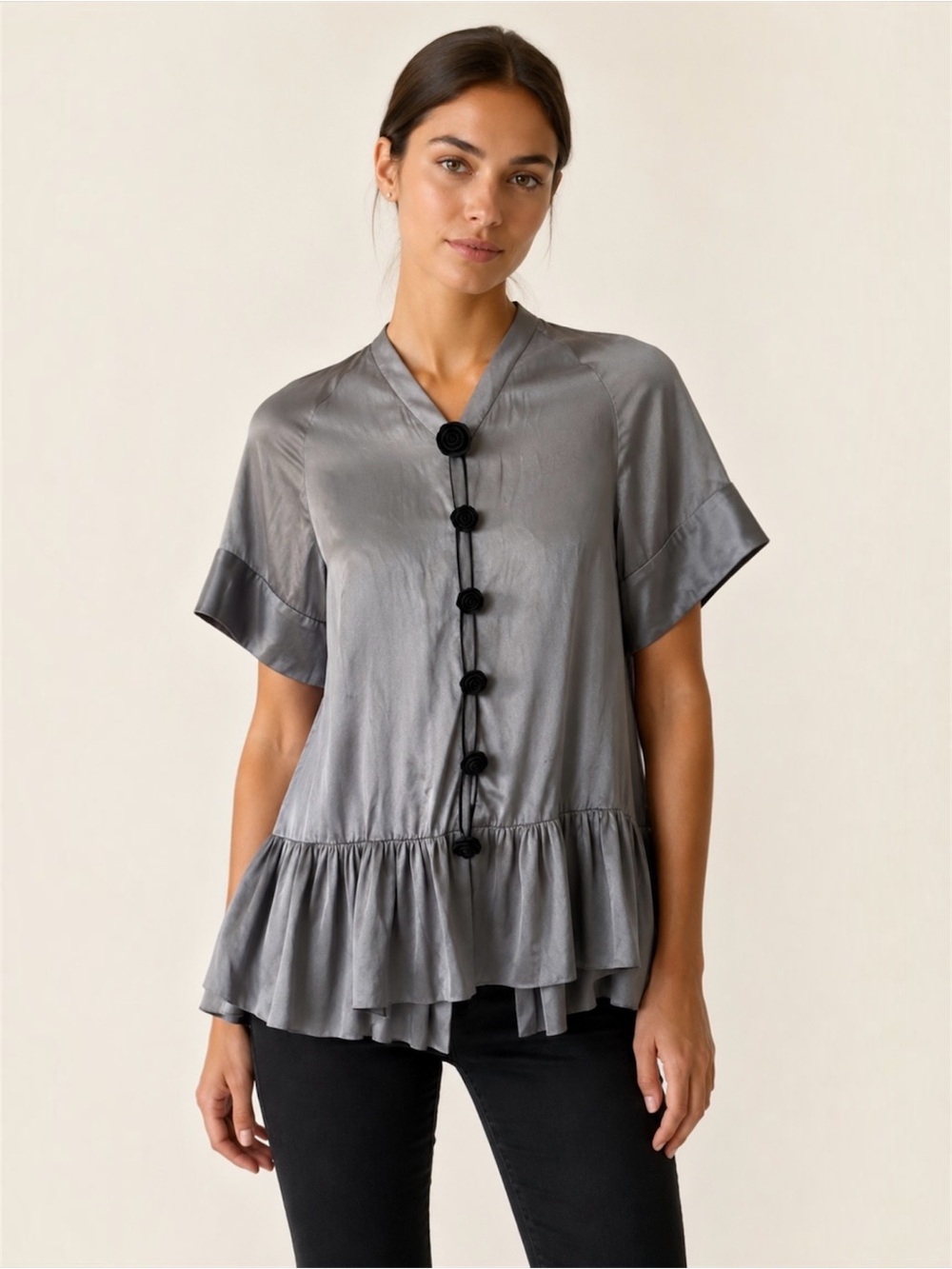 Thien Le Silk Peplum Blouse Gray Black Floral Buttons Avant Garde Designer Top S